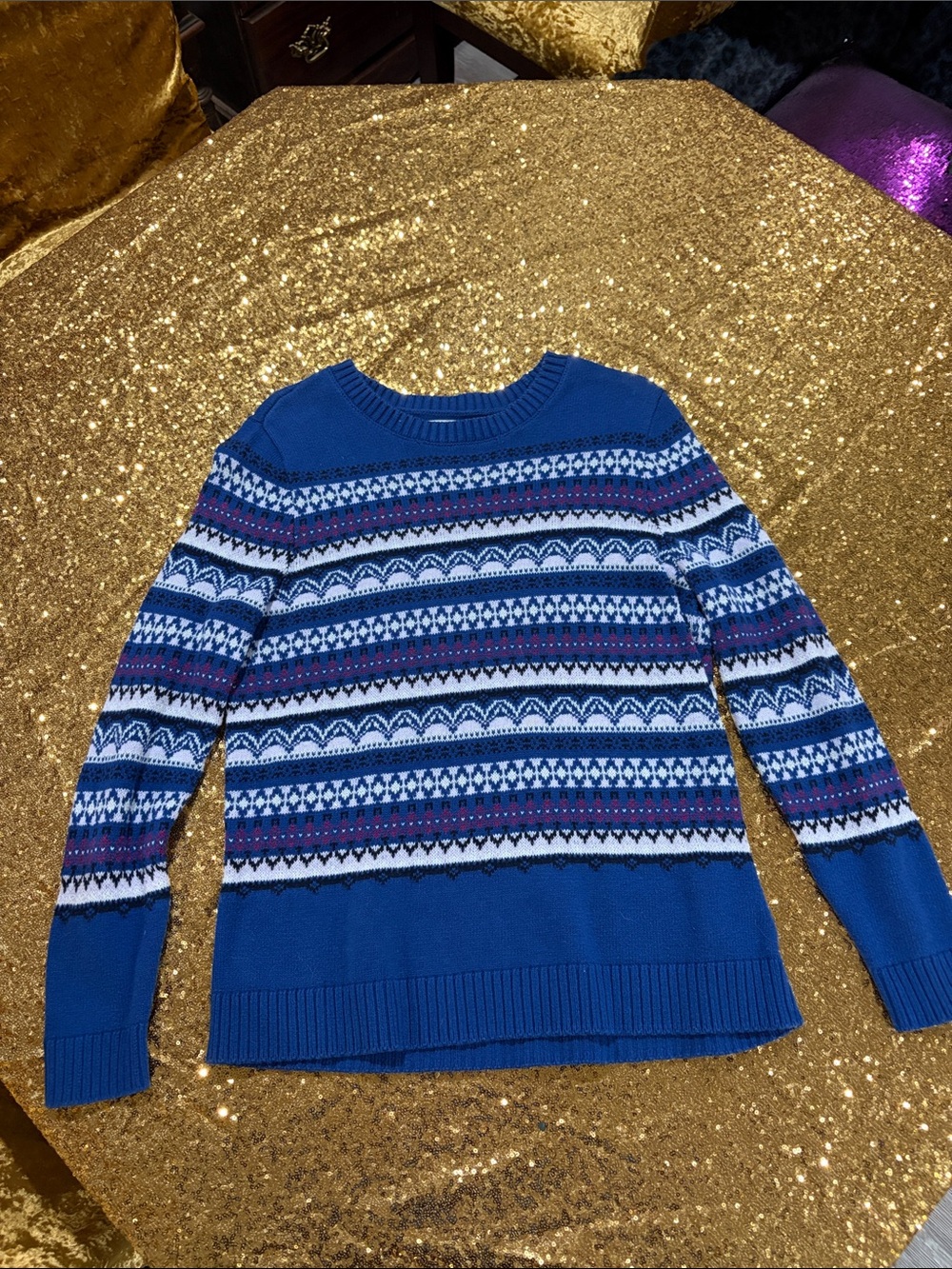croft & barrow Blue Fair Isle Crewneck Sweater with White and Navy Accents